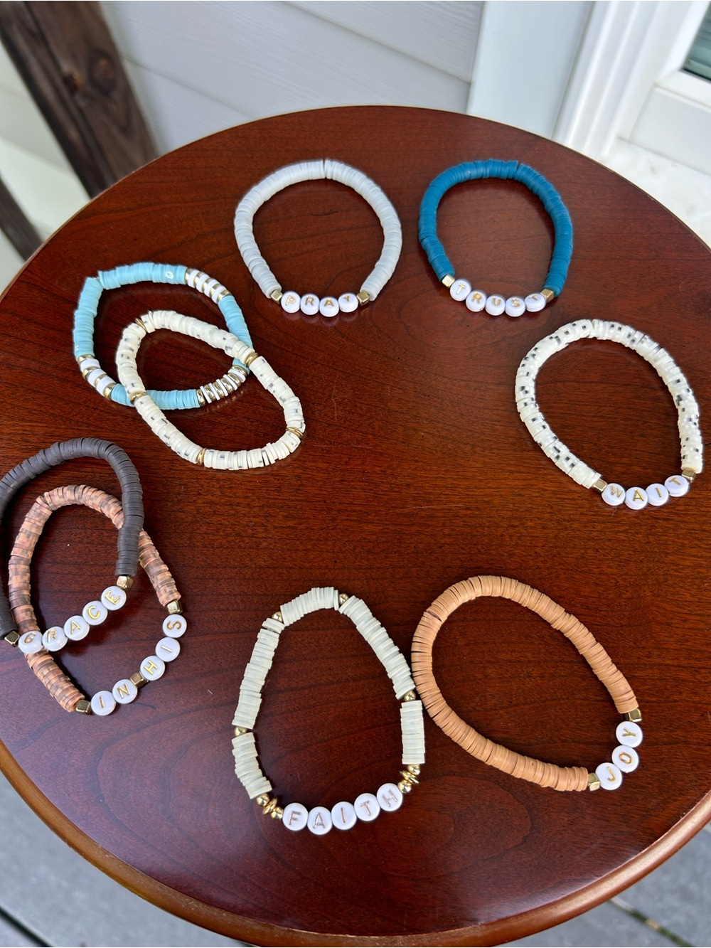 Handmade Beaded Stretch Bracelet - Neutral & Teal Assorted Colors - Set of 9